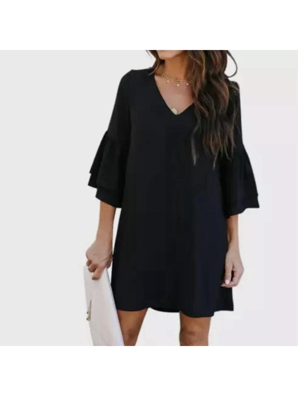 NWTs RUFFLE Bell Sleeve Shift Mini Dress XL Minimalist Goth Belongsci V Neck